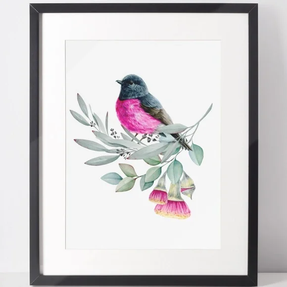 Pink Robin Bird Wall Art Watercolor Illustration Print Poster Card Unframed - Picture 2 of 7